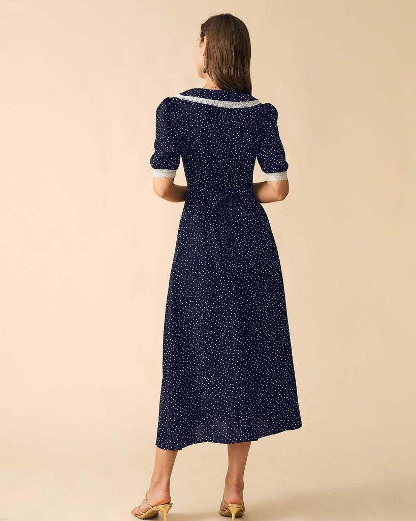 The Polka Dot Lace Trim Midi Dress Dresses - RIHOAS