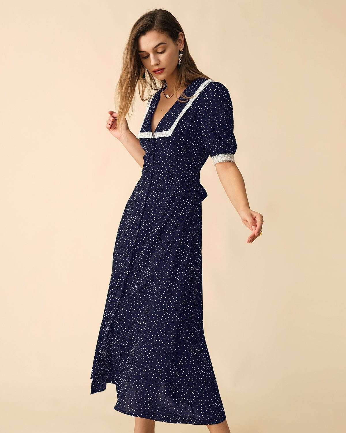 Ed Demonstrere nedbrydes The Navy Polka Dot Lace Trim Midi Dress - Navy V Neck Floral Lace Short  Sleeve Polka Dot Dress - Red - Dresses | RIHOAS