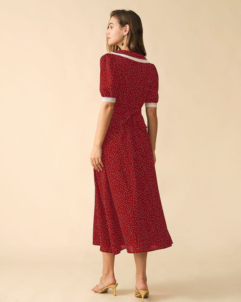 The Polka Dot Lace Trim Midi Dress Dresses - RIHOAS