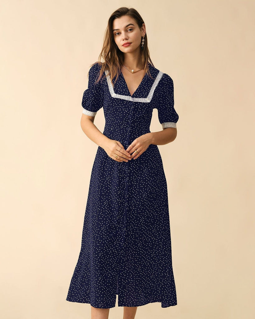 The Polka Dot Lace Trim Midi Dress Navy Dresses - RIHOAS