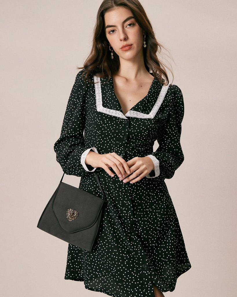 The Polka Dot Lace Trim Mini Dress Black Dresses - RIHOAS