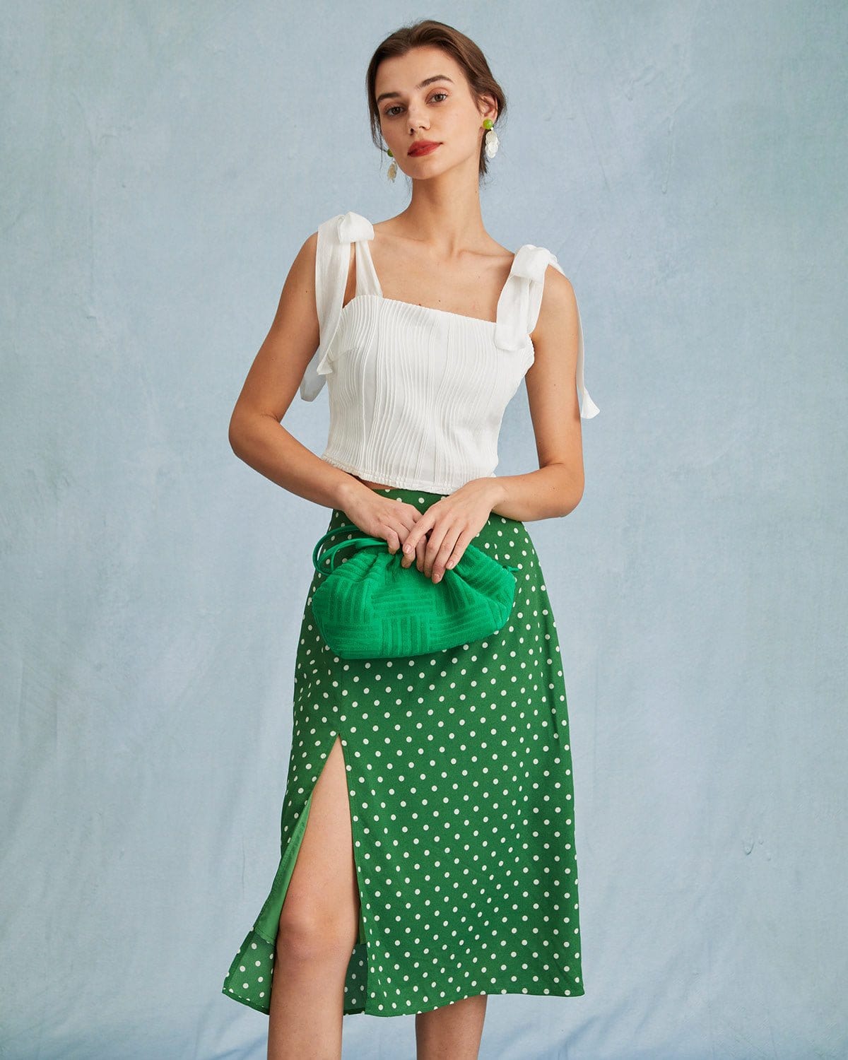 Green polka dot midi skirt hotsell