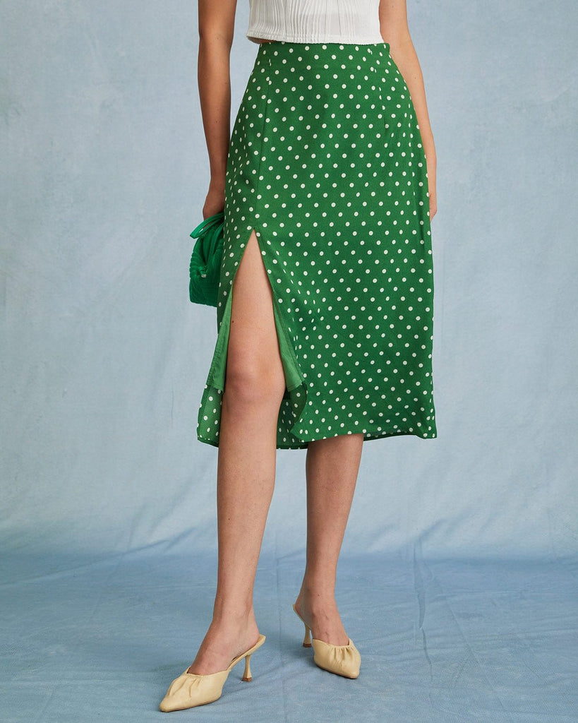 The Polka Dot Slit Midi Skirt Green Bottoms - RIHOAS