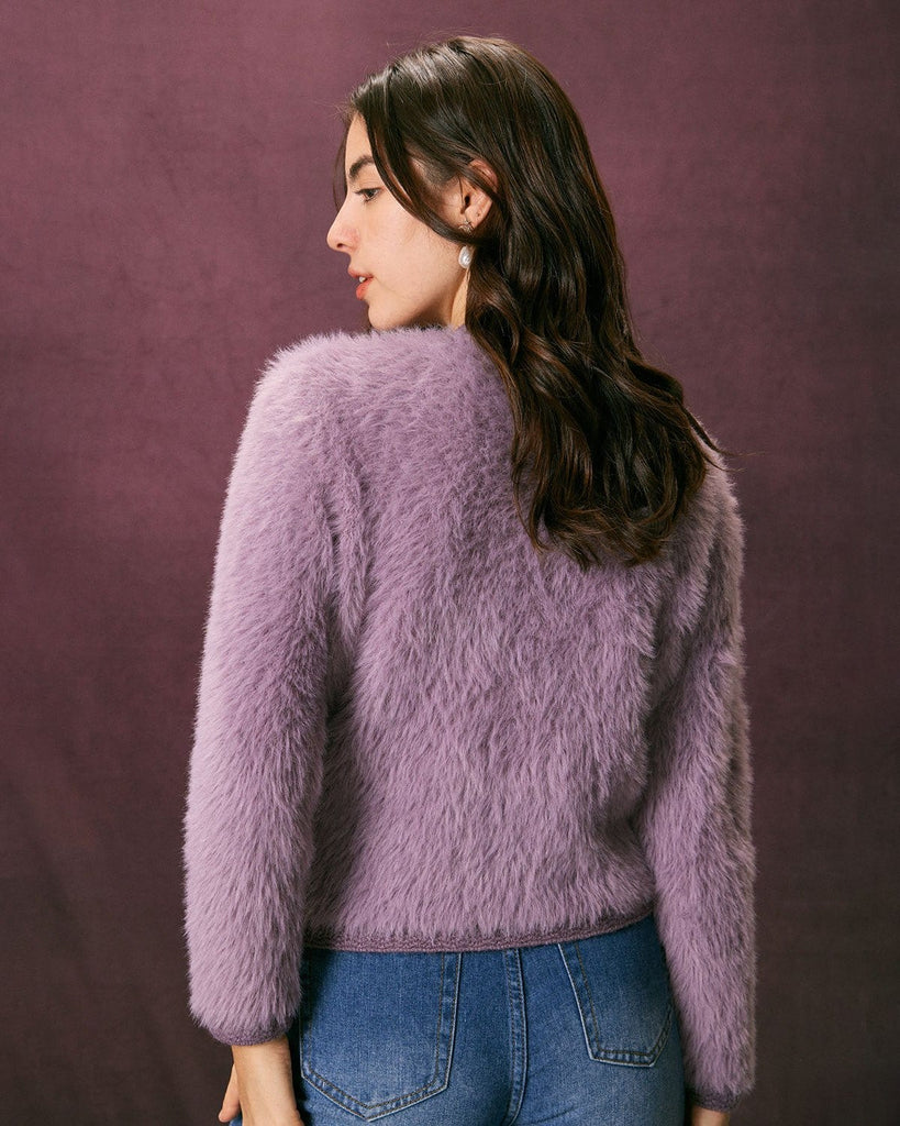 The Purple Solid Fluffy Cardigan Tops - RIHOAS