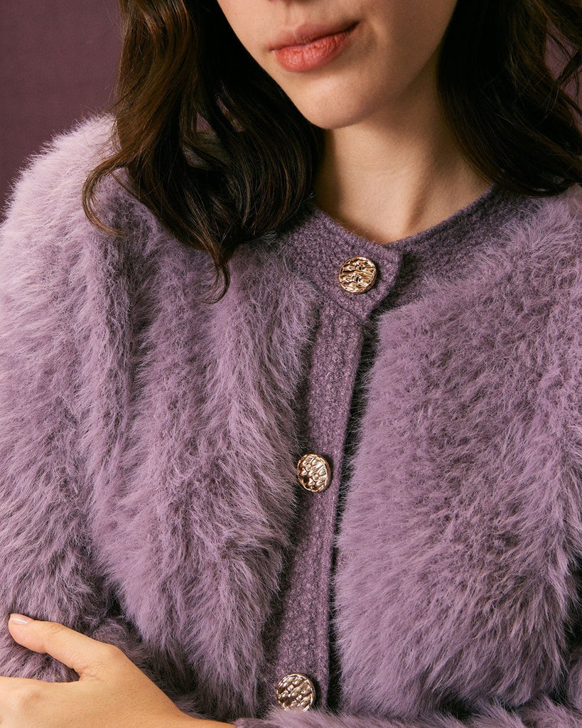 The Purple Solid Fluffy Cardigan Tops - RIHOAS