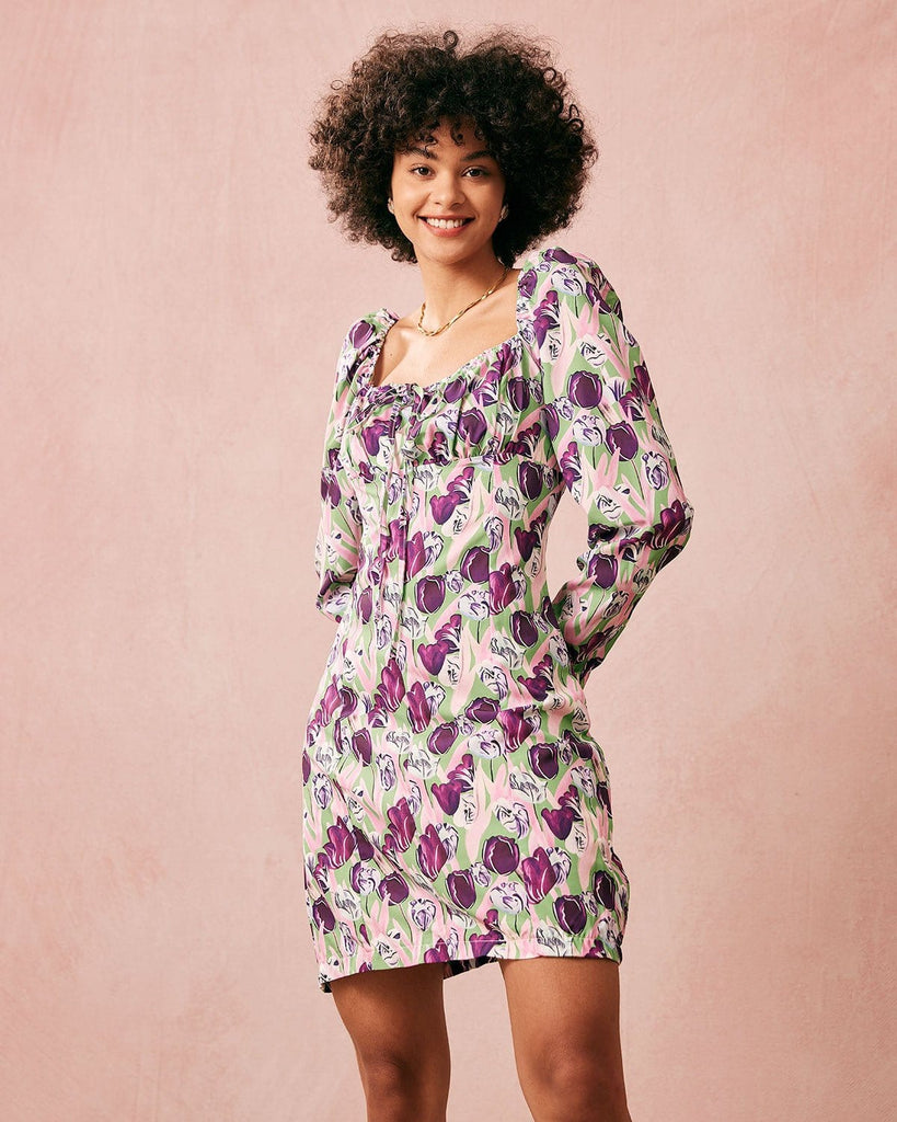 The Purple Square Neck Floral Mini Dress Dresses - RIHOAS