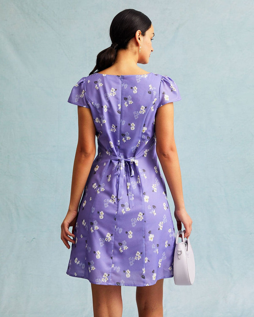 The Purple Square Neck Floral Mini Dress Dresses - RIHOAS