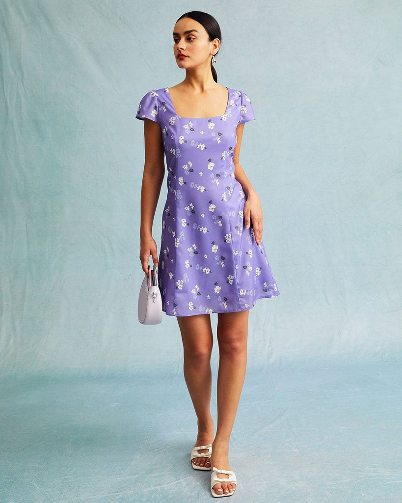 The Purple Square Neck Floral Mini Dress Dresses - RIHOAS