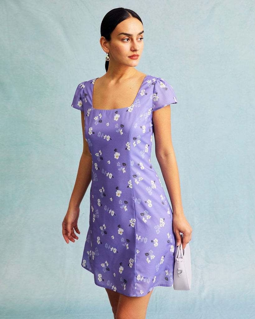 The Purple Square Neck Floral Mini Dress Dresses - RIHOAS