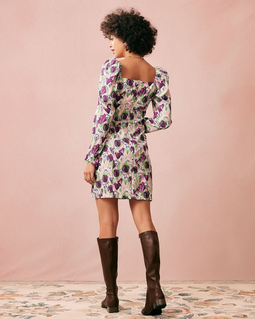 The Purple Square Neck Floral Mini Dress Dresses - RIHOAS