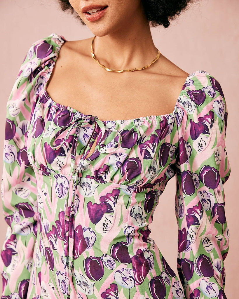 The Purple Square Neck Floral Mini Dress Dresses - RIHOAS