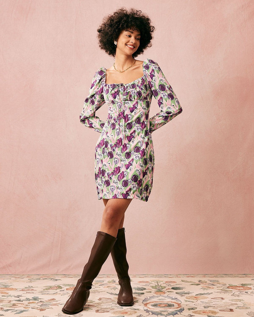 The Purple Square Neck Floral Mini Dress Dresses - RIHOAS