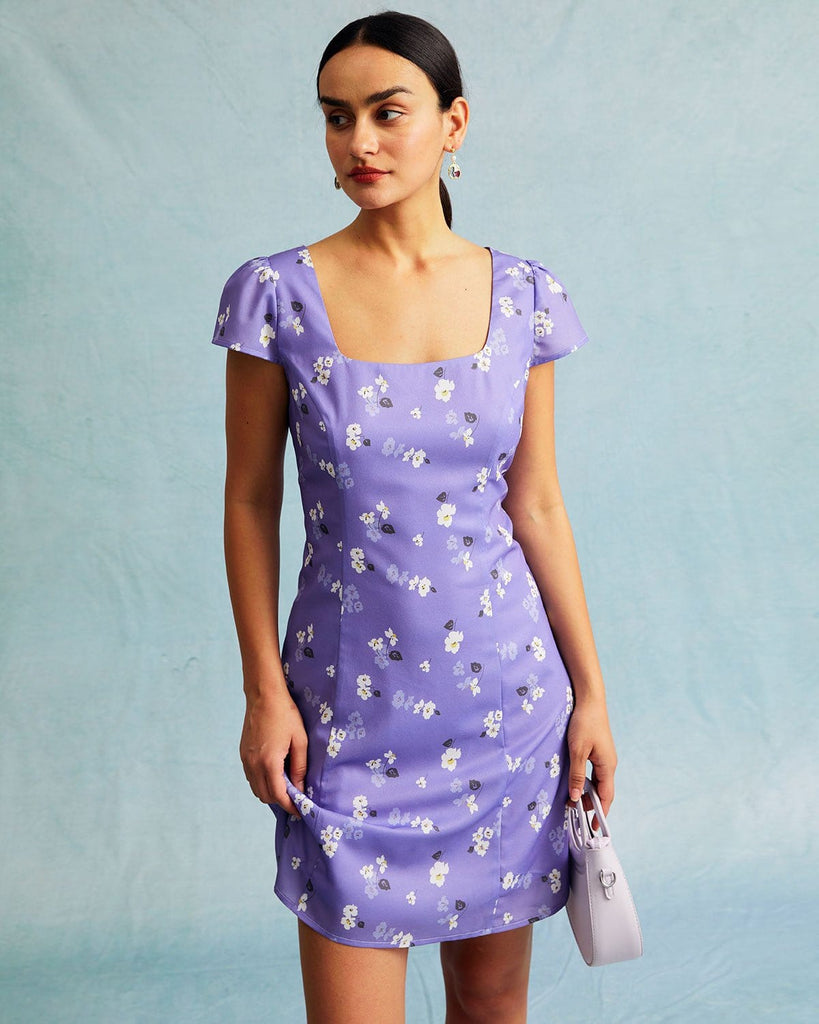 The Purple Square Neck Floral Mini Dress Purple Dresses - RIHOAS