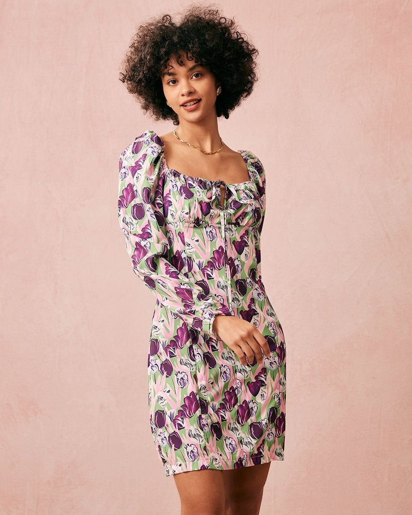 The Purple Square Neck Floral Mini Dress Purple Dresses - RIHOAS