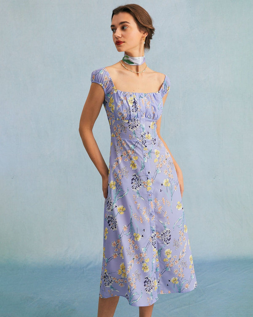 The Purple Square Neck Slit Floral Midi Dress Dresses - RIHOAS