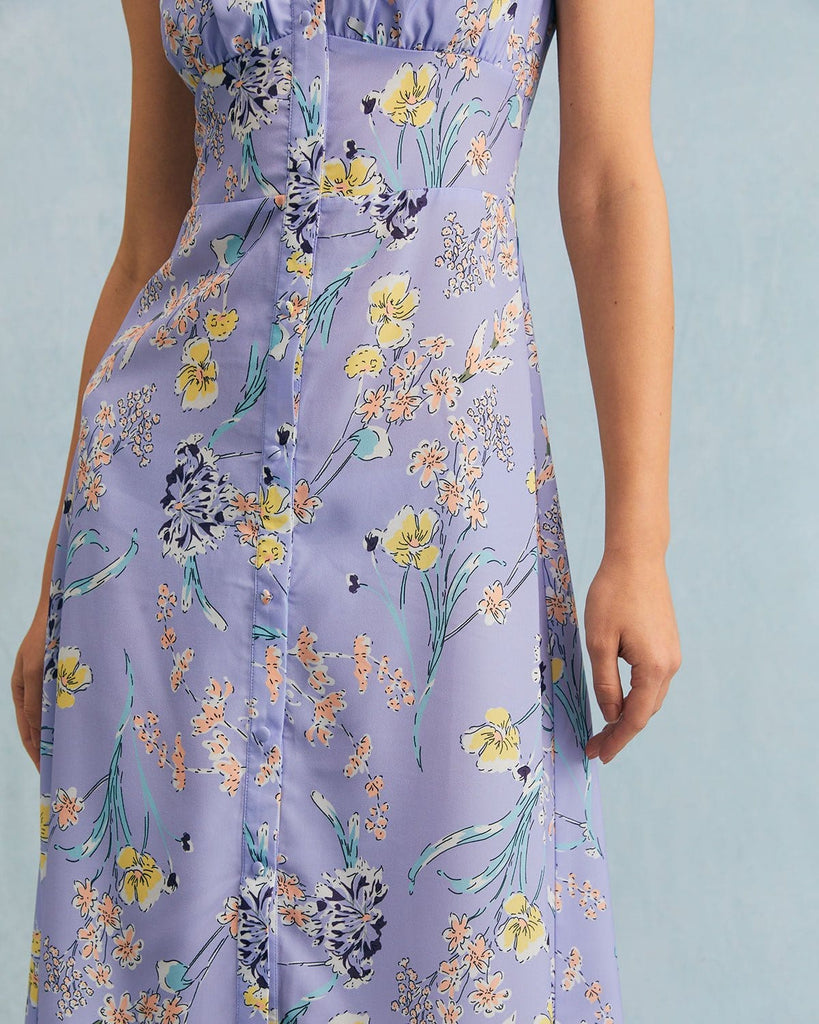The Purple Square Neck Slit Floral Midi Dress Dresses - RIHOAS