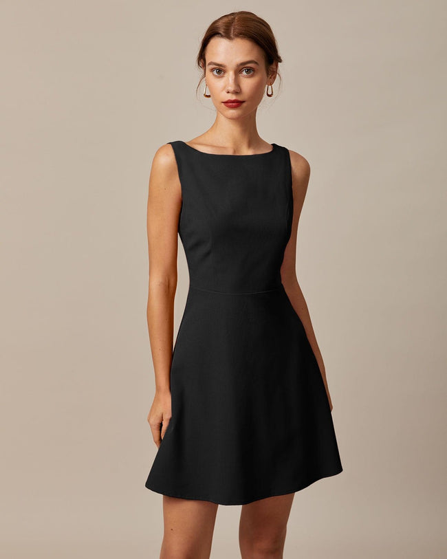 The Black Boat Neck High Waisted Mini Dress - Boat Neck Sleeveless