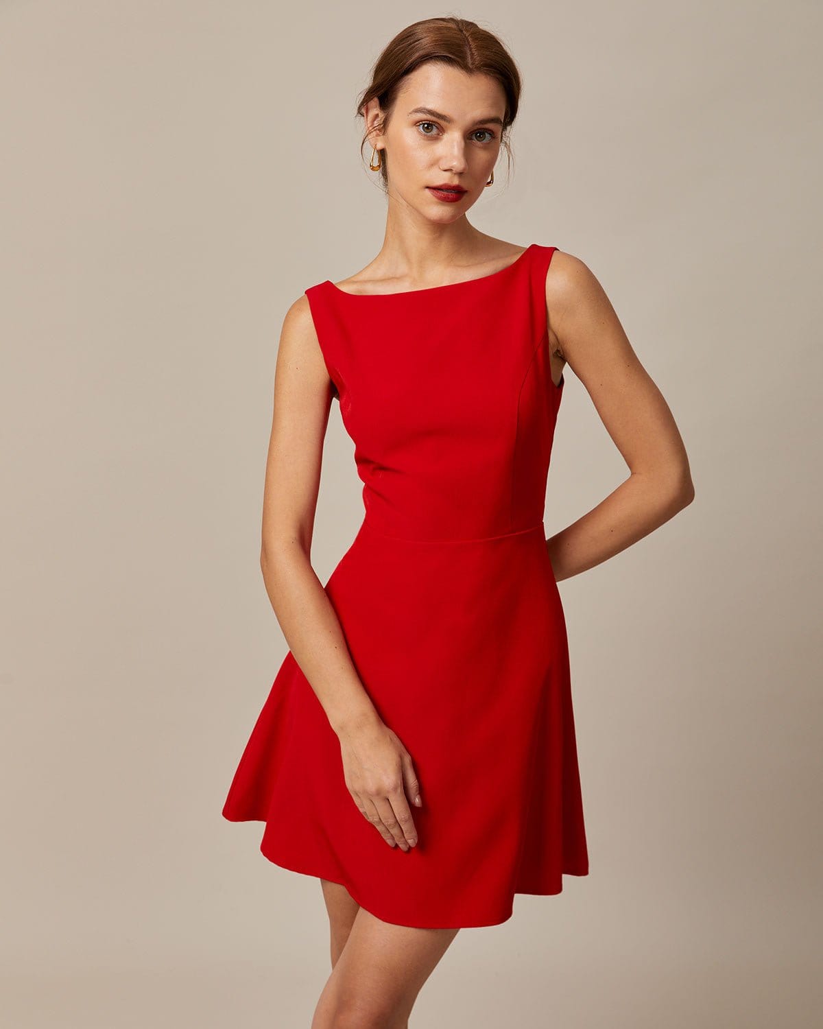 The Red Boat Neck High Waisted Mini Dress - Boat Neck Sleeveless A Line  Backless Mini Dress - Red - Dresses