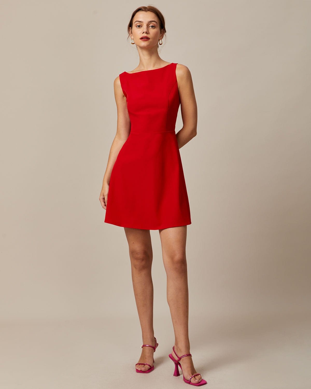 The Red Boat Neck High Waisted Mini Dress - Boat Neck Sleeveless A Line  Backless Mini Dress - Red - Dresses