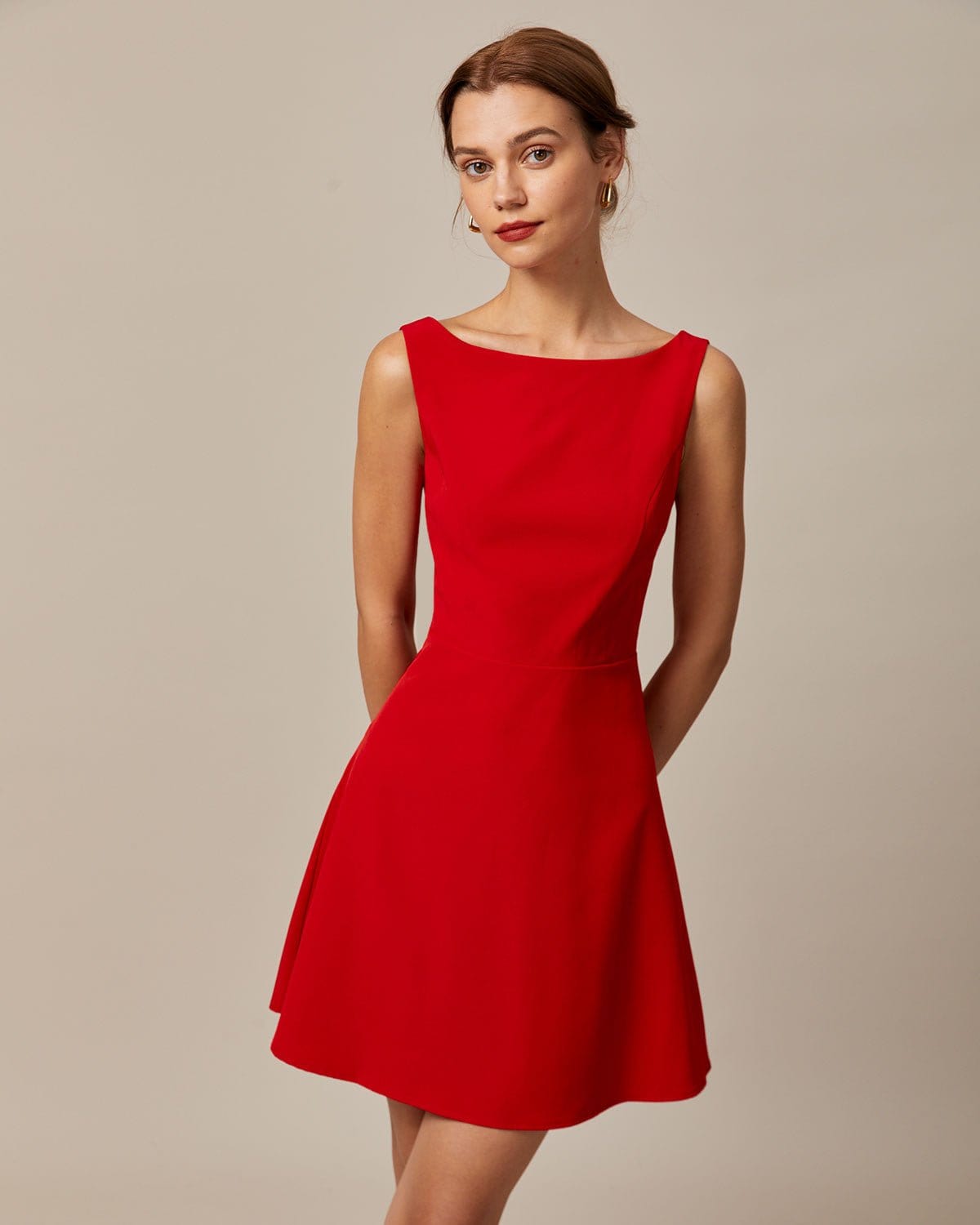 The Red Boat Neck High Waisted Mini Dress - Boat Neck Sleeveless A