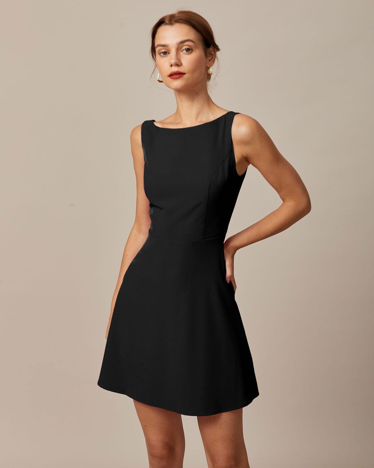 The Black Boat Neck High Waisted Mini Dress - Boat Neck Sleeveless A Line  Backless Mini Dress - Black - Dresses