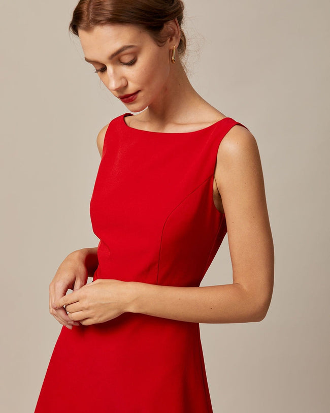 Rihoas Boat Neck High Waisted Mini Dress for Women Red M