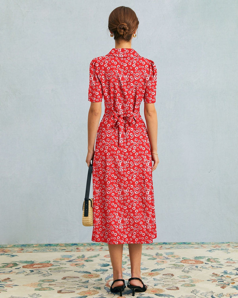The Red Collared Floral Button Midi Dress Dresses - RIHOAS