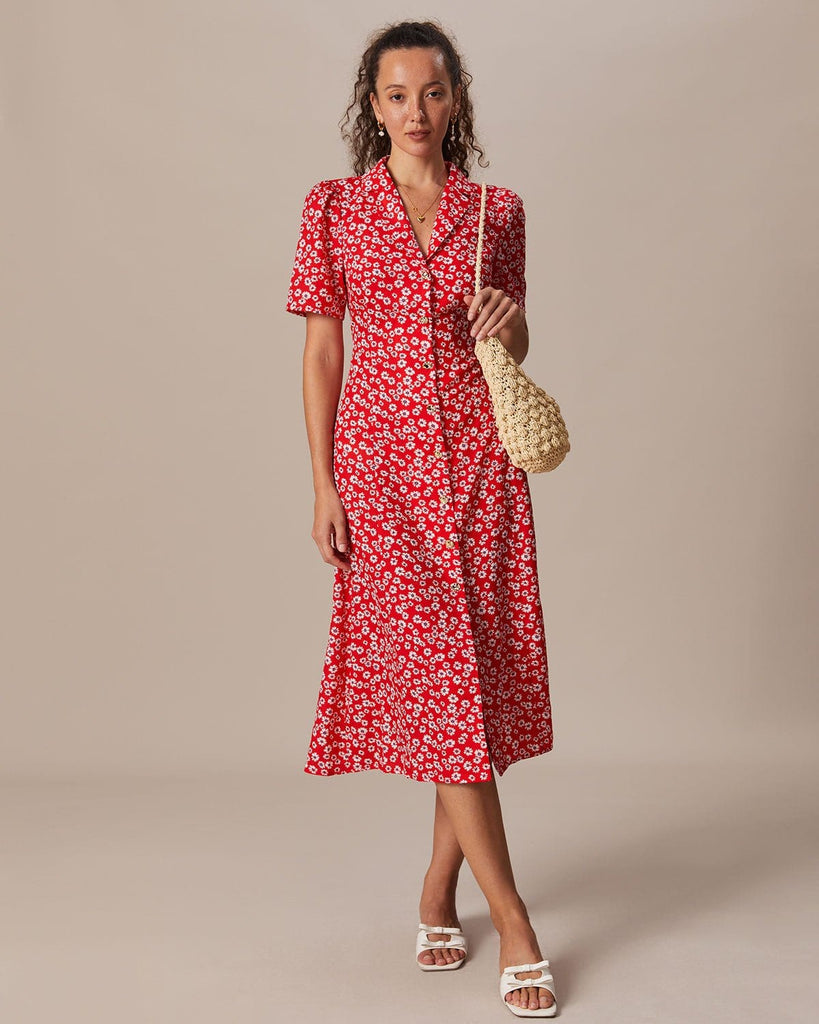 The Red Collared Floral Button Midi Dress Dresses - RIHOAS