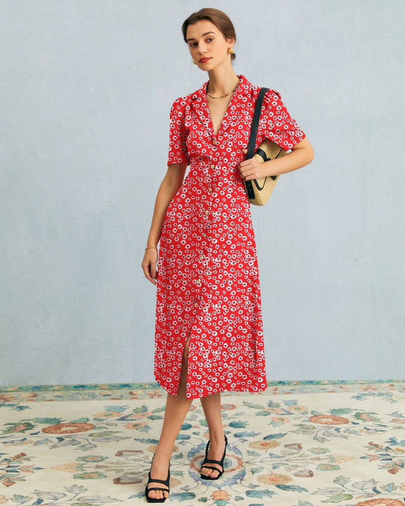 The Red Collared Floral Button Midi Dress Dresses - RIHOAS