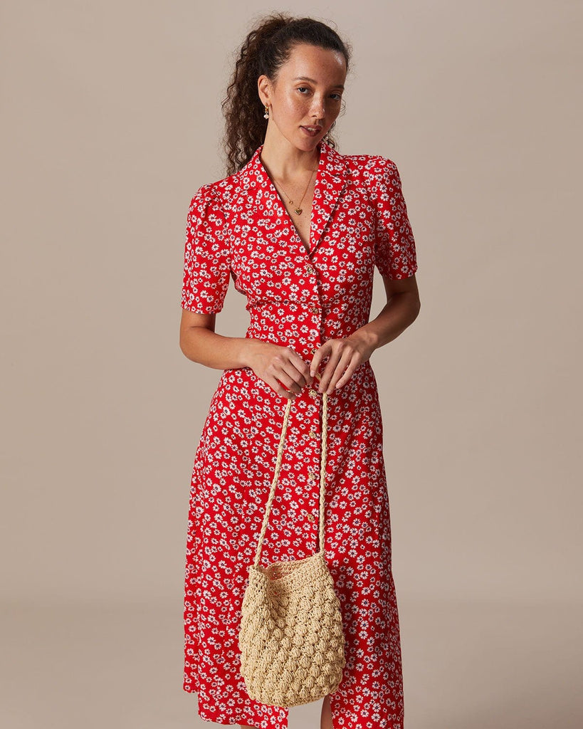 The Red Collared Floral Button Midi Dress Red Dresses - RIHOAS