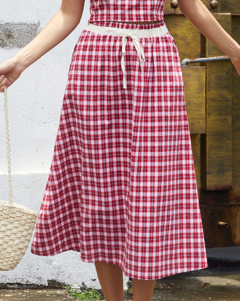 The Red Elastic Waist Plaid Midi Skirt Bottoms - RIHOAS