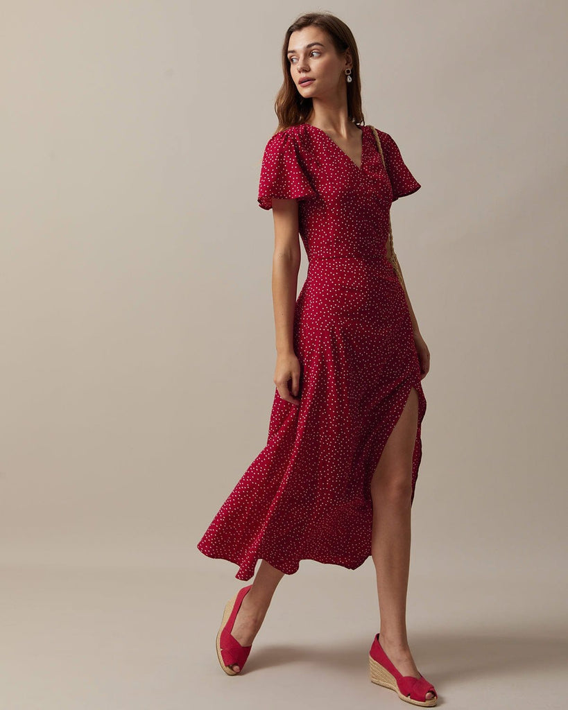 The Red Polka Dot Slit Maxi Dress Dresses - RIHOAS