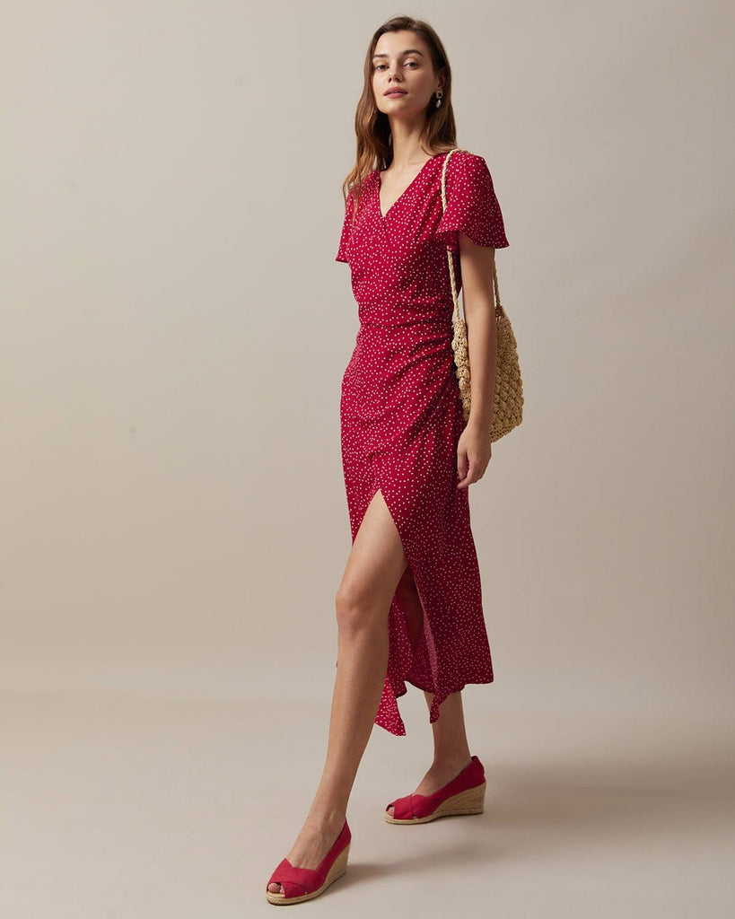 The Red Polka Dot Slit Maxi Dress Dresses - RIHOAS