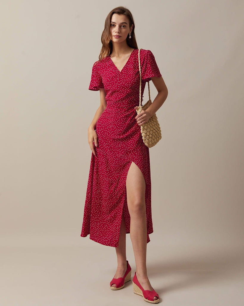 The Red Polka Dot Slit Maxi Dress Red Dresses - RIHOAS