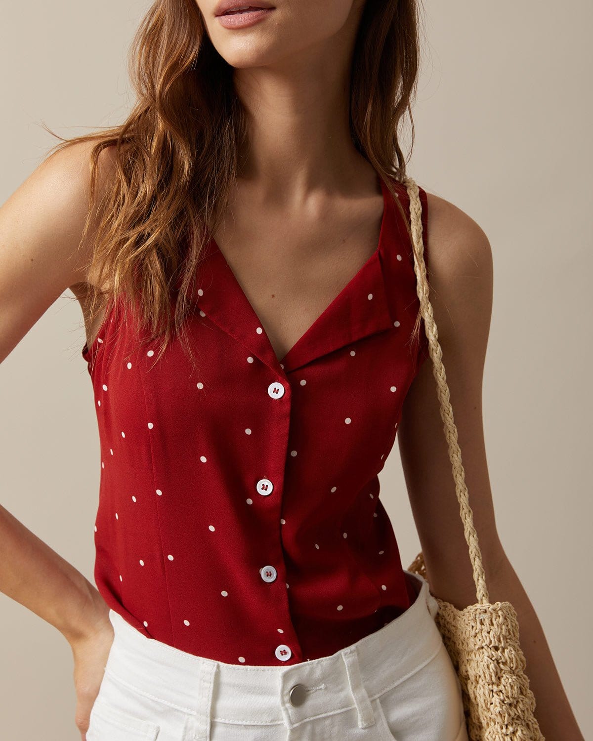 V Neck Polka Dot Print Sleeveless Vest