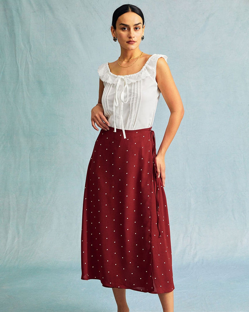 The Red Polka Dot Wrap Midi Skirt Bottoms - RIHOAS