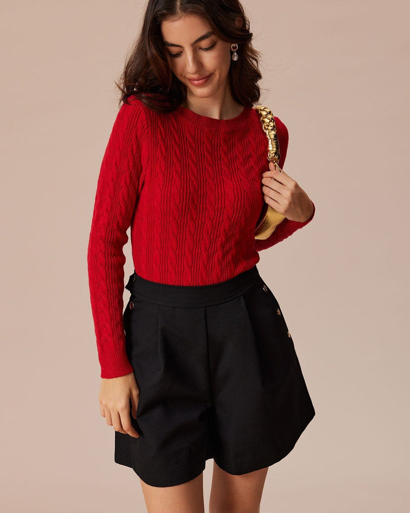 The Red Round Neck Cable Sweater Red Tops - RIHOAS