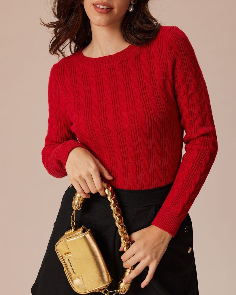 The Red Round Neck Cable Sweater Tops - RIHOAS
