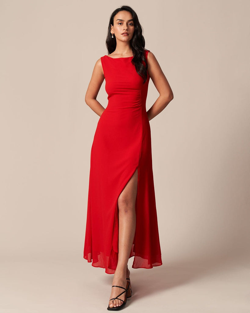 The Red Ruched Slit Maxi Dress Dresses - RIHOAS