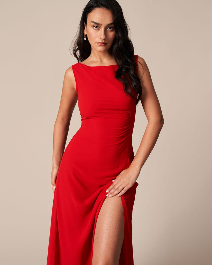 The Red Ruched Slit Maxi Dress Dresses - RIHOAS