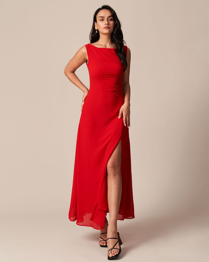 The Red Ruched Slit Maxi Dress Red Dresses - RIHOAS