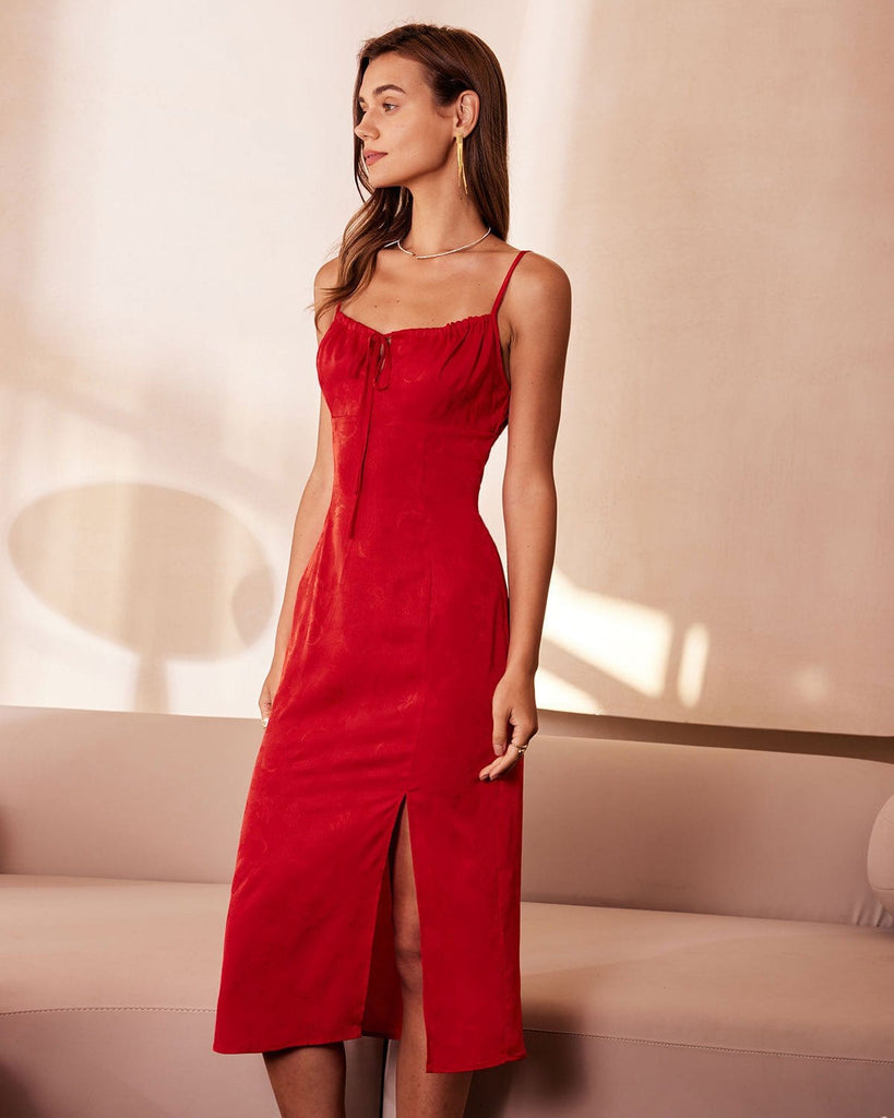 The Red Satin Jacquard Midi Dress Dresses - RIHOAS