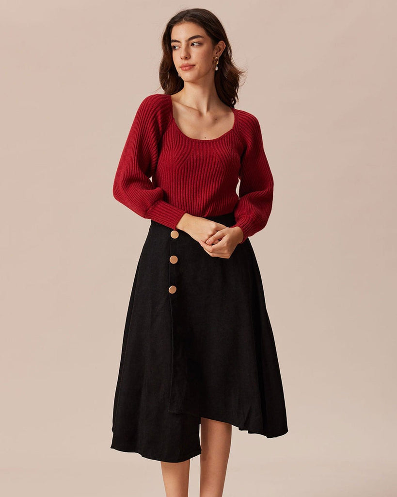 The Red Scoop Neck Sweater Tops - RIHOAS