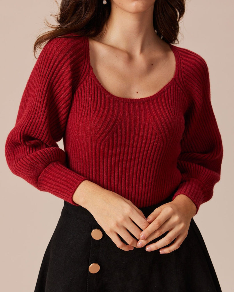 The Red Scoop Neck Sweater Tops - RIHOAS