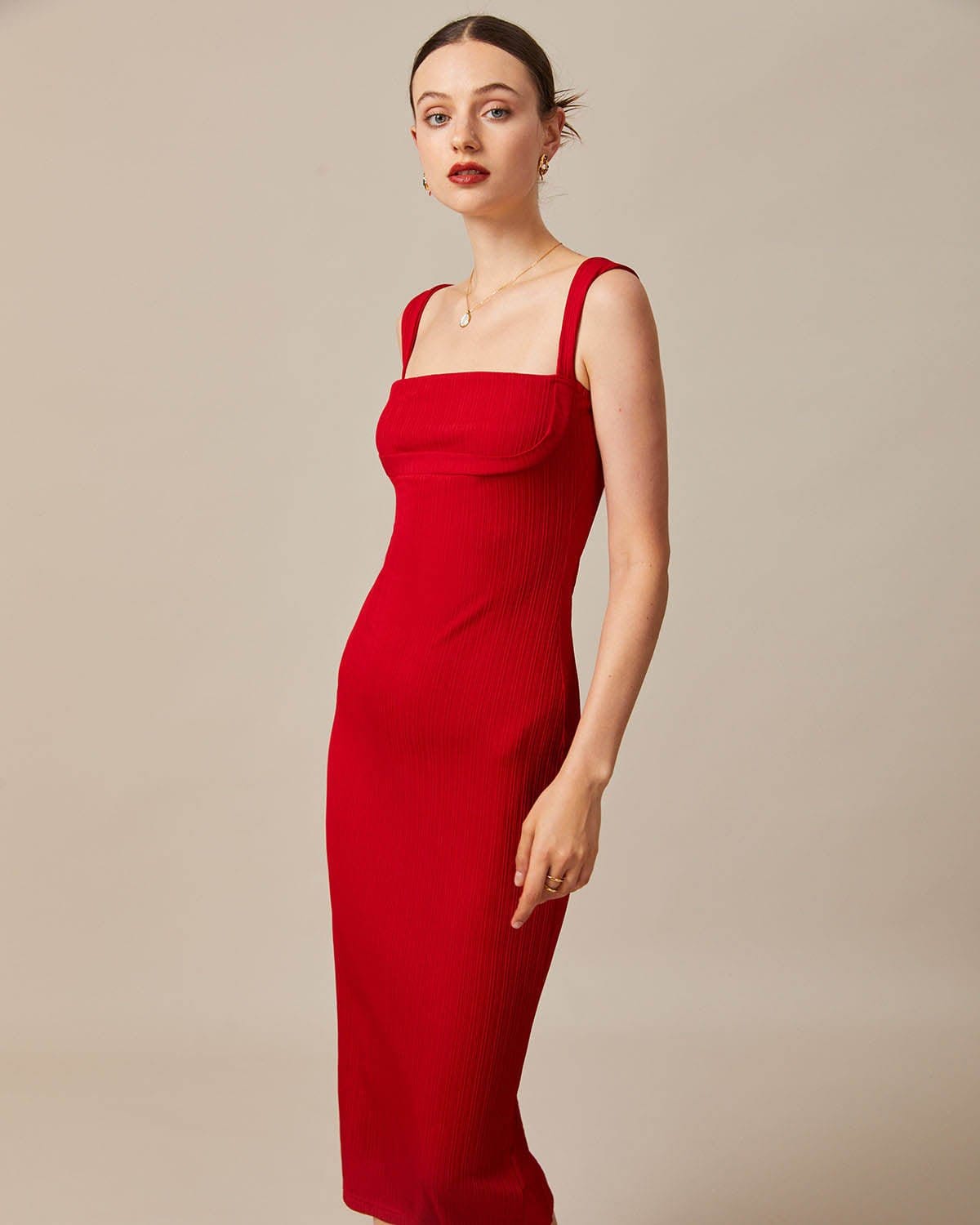 Rihoas Square Neck Ribbed Midi Dress For Women, Red / S Rihoas Square Neck Ribbed Midi Dress For Women, Red / S