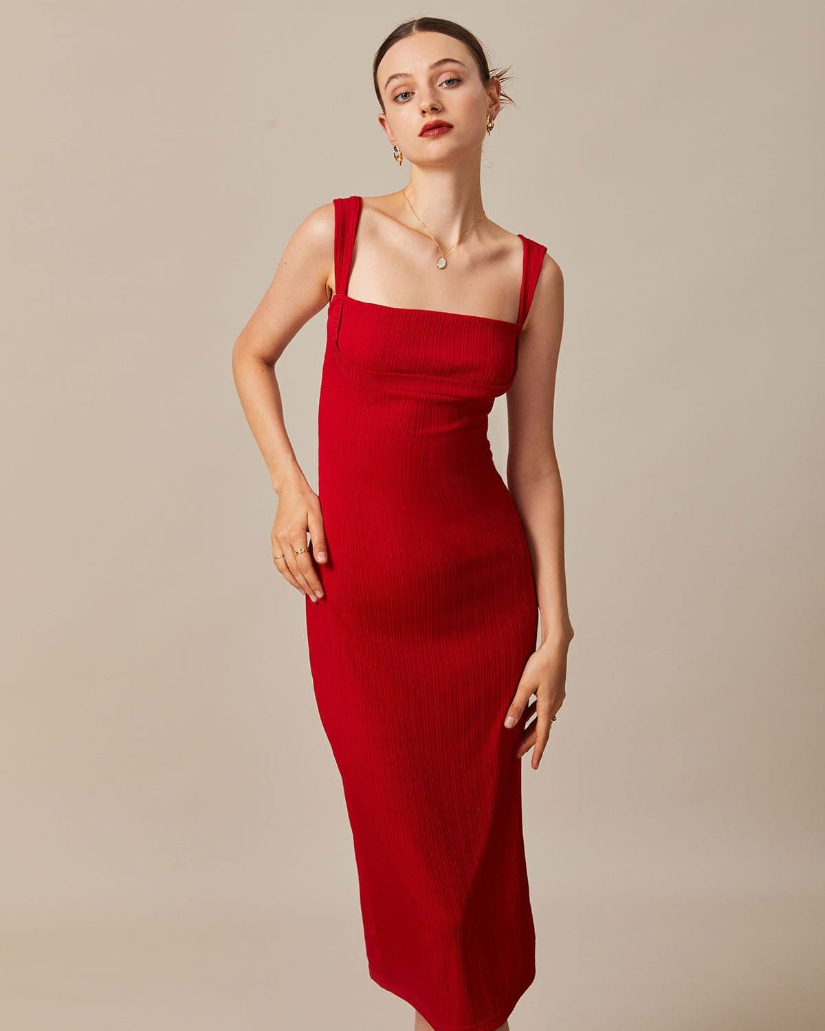 Square Neck Ribbed Midi Dress