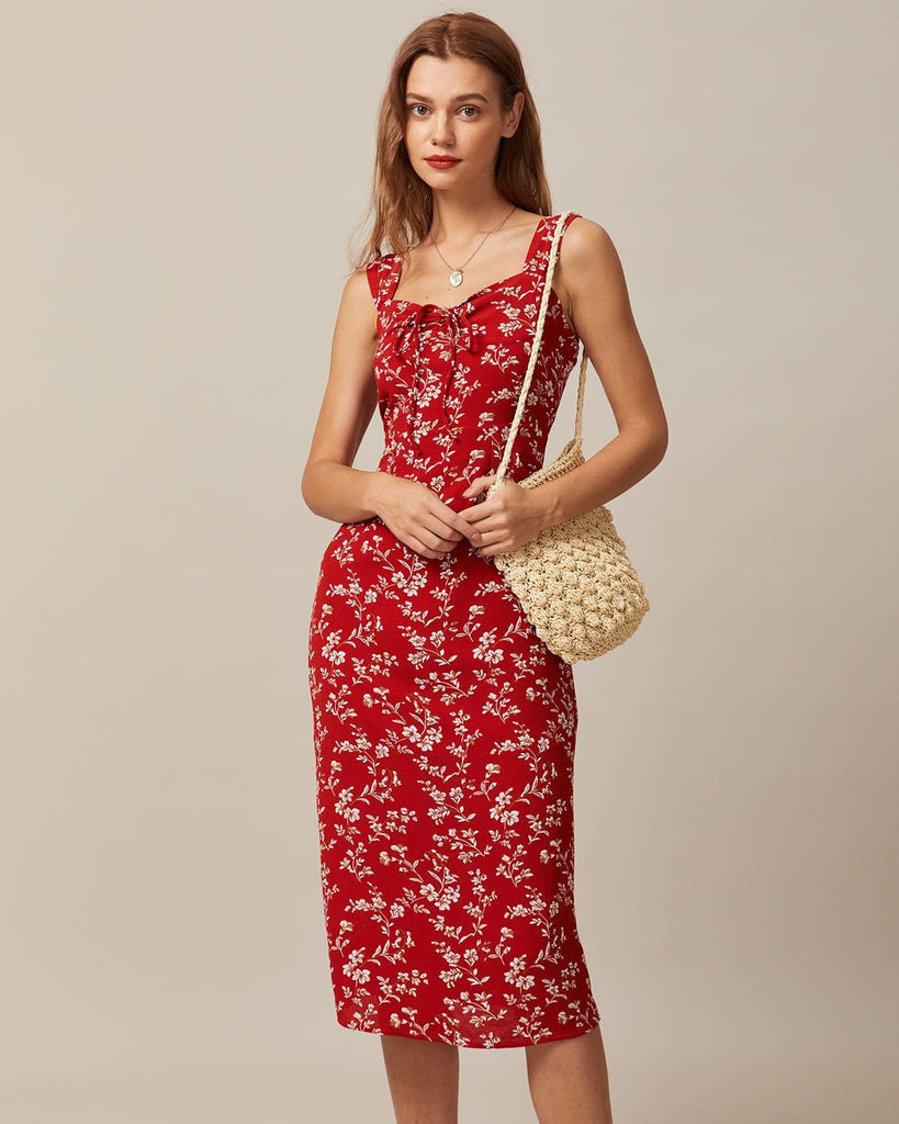 The Red Sweetheart Neck Floral Midi Dress Red Dresses - RIHOAS