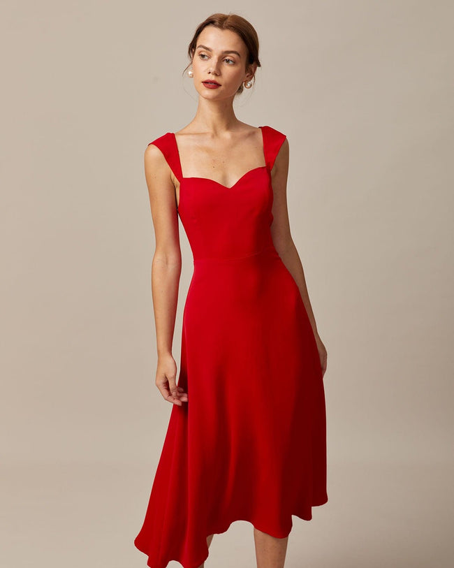 The Red Sweetheart Neck Cap Sleeve Midi Dress - Red Sweetheart Neckline A  Line Cap Sleeve Dress - Red - Dresses