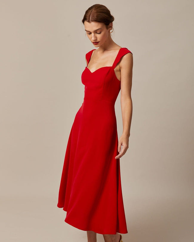 The Red Sweetheart Neck Cap Sleeve Midi Dress - Red Sweetheart