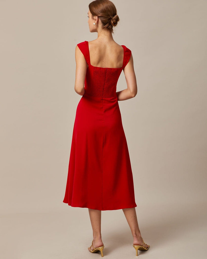 The Red Sweetheart Neck Midi Dress Dresses - RIHOAS